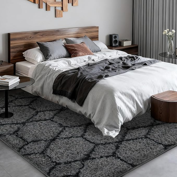 Fluffy Rug for Living Room, Soft Modern 8x10 Grey and Black Shag Area Rugs | Non Slip Grey Carpet for Bedroom, Home Decor Aesthetic, Washable Large Fuzzy Plush Floor Mat for Nursery Teen Dorm