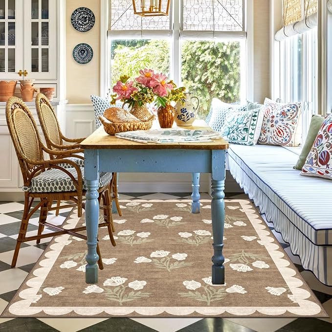 4x6 Floral Bedroom Rug - Tan Brown Washable Boho Entryway Rug Non Slip Vintage Neutral Farmhouse Scalloped Area Rugs for Living Room Bedroom Kitchen Nursery Home Office Mudroom Room Decor
