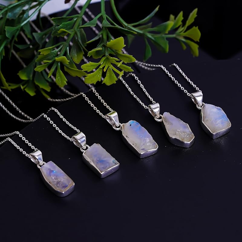 Natural Real Raw Rainbow Moonstone Crystals Bezel Pendant Necklace, Healing Rough Gemstone, 925 Sterling Silver Jewelry 18 inch