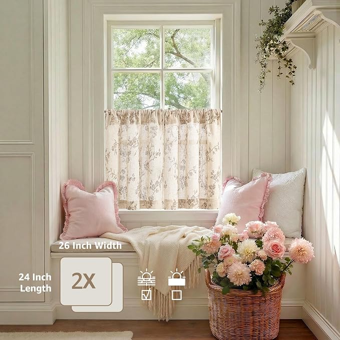 Lazzzy Elisa Floral Kitchen Curtains 24 Inch Linen Cafe Curtains Farmhouse Half Window Drapes Over Sink Light Filtering for Small Windows Rod Pocket Back Tab 2 Panels Taupe on Beige