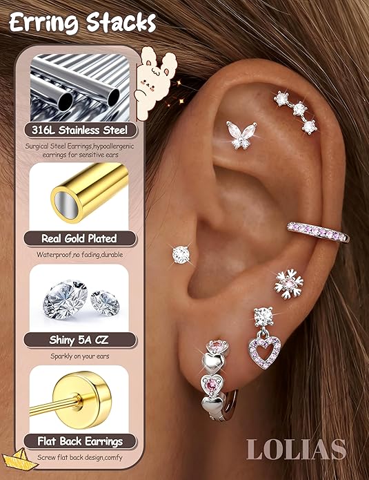 LOLIAS Hypoallergenic Flat Back Earrings for Women Girls-Surgical Stainless Steel Earrings for Sensitive Ears-Cute Flatback Stud Earring Set Small Hoops Cartilage Earring Stacks