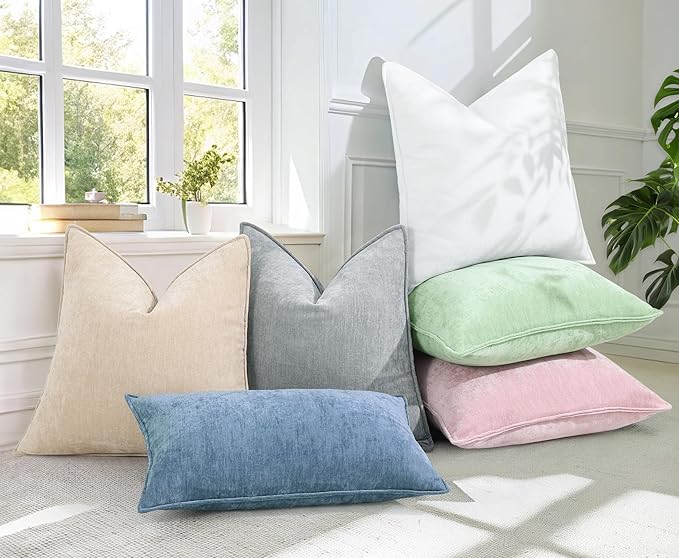 decorUhome Chenille Blue Grey Velvet Throw Pillow Covers 22x22 Set of 2 | Fall Soft Euro Sham Couch Decorative Modern Farmhouse Pillow Cases with Elegant Design for Sofa Bed Living Room Home Decor