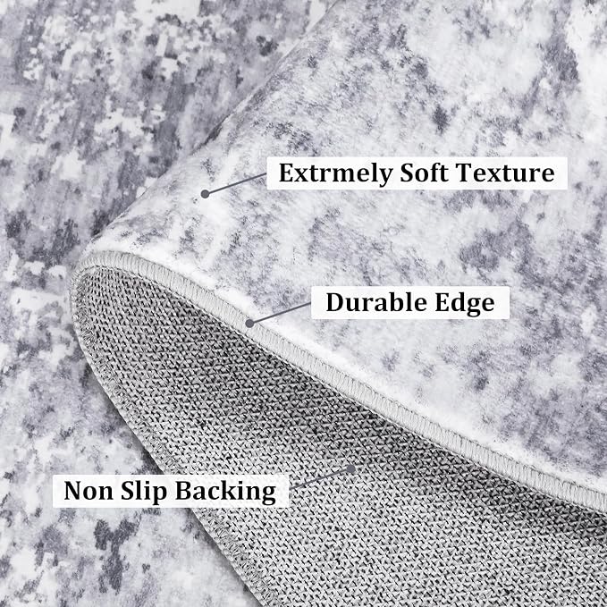 ROYHOME Area Rug 4x6 Stain Resistant Modern Abstract Rugs, Light Grey | Ultra Soft Indoor Floor Cover Accent Rug Low Pile Machine Washable Thin Rug for Living Room Bedroom Dining Room
