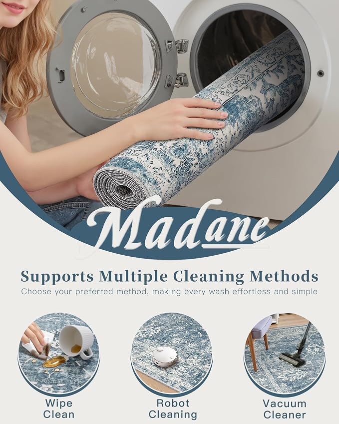 Madane 8x10 Area Rugs for Living Room, Machine Washable Vintage Rug with Non-Slip Backing, Soft Floral Print Large Throw Rugs, Thin Carpet for Bedroom Dining Room Farmhouse (8 x 10, Blue)