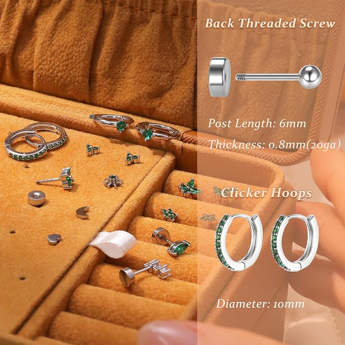 KRFY 25Pcs/17 Pairs Hypoallergenic Surgical Steel Earrings for Sensitive Ears 14K Gold Plated Flat Back Cartilage Earrings for Women Men Screw Back Flatback Stud Hoop Earring Set for Multiple Piercing