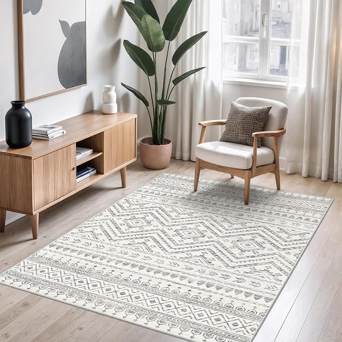 3x5 Washable Rug Moroccan Small Entryway Rug Non Slip Indoor Floor Carpet Foldable Thin Rugs for Kitchen Bedroom with Low Pile(Grey,3'x5')