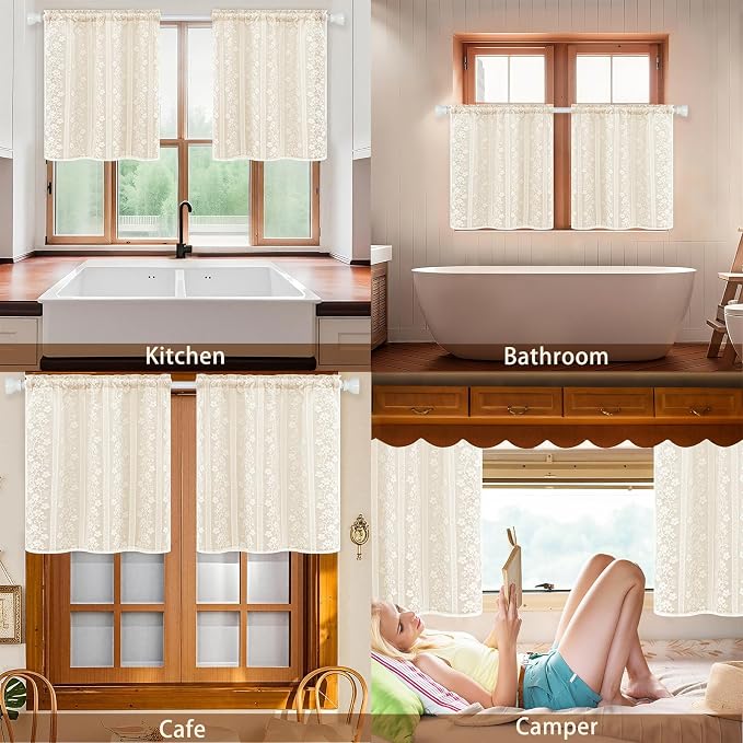 ASPMIZ Linen Kitchen Curtains 24 Inch Length, Double Layered Window Curtain 2 Panel Sets Rod Pocket Short Curtains for Kitchen, Farmhouse Window Treatment Tiers for Bathroom, Cafe, Beige