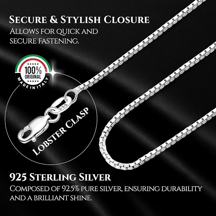 925 Sterling Silver 0.8 mm Italian Silver Diamond Cut Box Necklace Chain for Women & Men, 22 Inch Luxury Chain with Upgraded Lobster Clasp, Hypoallergenic - Made in Italy