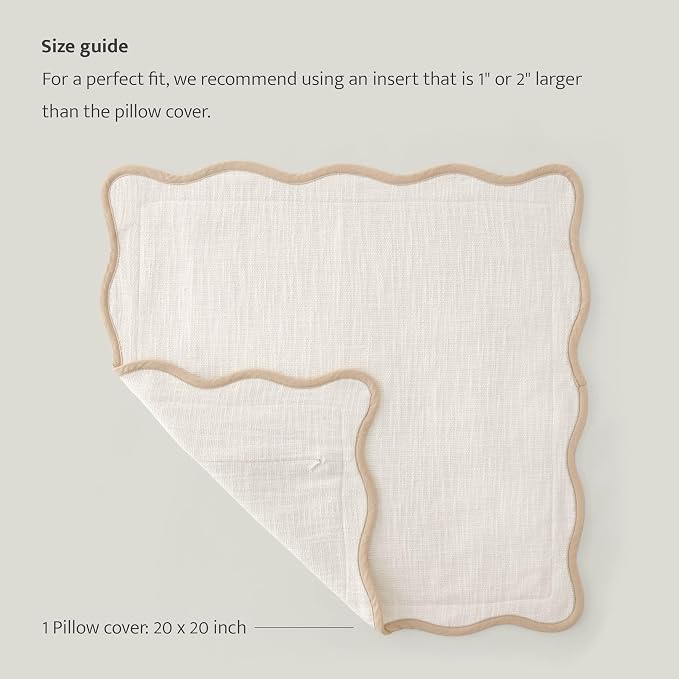 Double Stitch Scalloped Throw Pillow Covers - 100% Cotton Decorative Boho Pillow Covers 20 x 20, Made in India, Square Cushion Case, Modern Home Decor for Couch Sofa Living Room, Cream