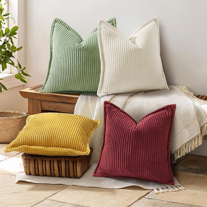 decorUhome Fall Corduroy Burgundy Throw Pillow Covers 12x20 Set of 2 | Lumbar Couch Decorative Soft Modern Boho Farmhouse Pillow Covers Broadside Striped Pillow Cases for Living Room Bed Sofa