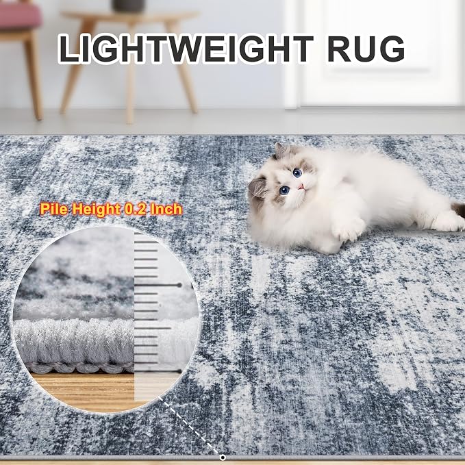 Area Rugs 10x14 Living Room - Washable Rug Modern Abstract Soft Large Neutral Non-Slip Carpet Indoor Floor Thin Carpets for Bedroom Dining Room Farmhouse Nursery Home Office Grey Blue