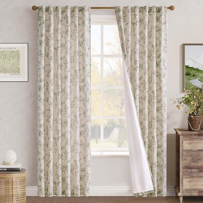 jinchan Green Floral Linen Curtains Lined 84 Inch Vintage Back Tab 2 Panels | Privacy lining, light filtering drapes, cottagecore, french country, farmhouse, bedroom, living room, window treatment