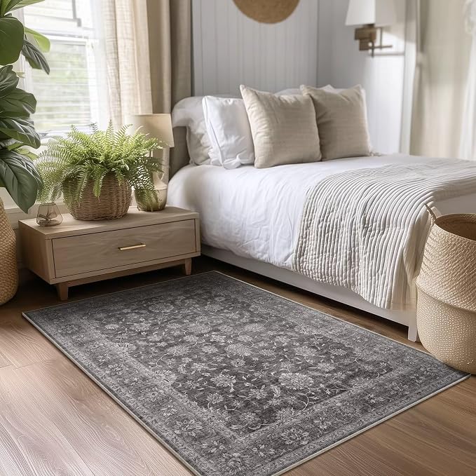 Washable 4x6 Rugs, Boho Vintage Non-Slip Distress Rugs, Dark Grey | 0.3" Neutral Throw Rugs for Bedroom Kitchen Nursery Living Room, Cushioned Area Rug for High-traffic