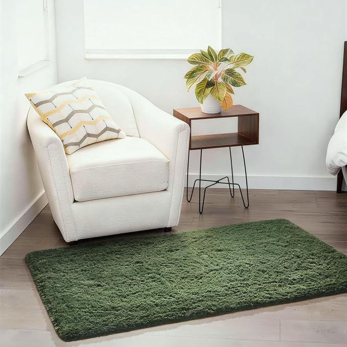Ophanie Gray Green Grass Area Rugs for Bedroom, 3x5 Shag Fluffy Carpet, Fuzzy Furry Plush Soft Cute Kids Baby Shaggy Bedside Floor Rug for Teen Dorm Home with Over 99 pcs Pile fibers