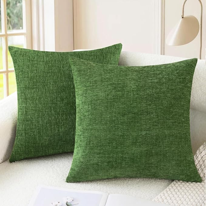 CaliTime Throw Pillow Covers Decorative 24 X 24 Inches Pack of 2 Cozy Chenille Cushion Cases for Couch Sofa Bed Living Room Home Forest Green