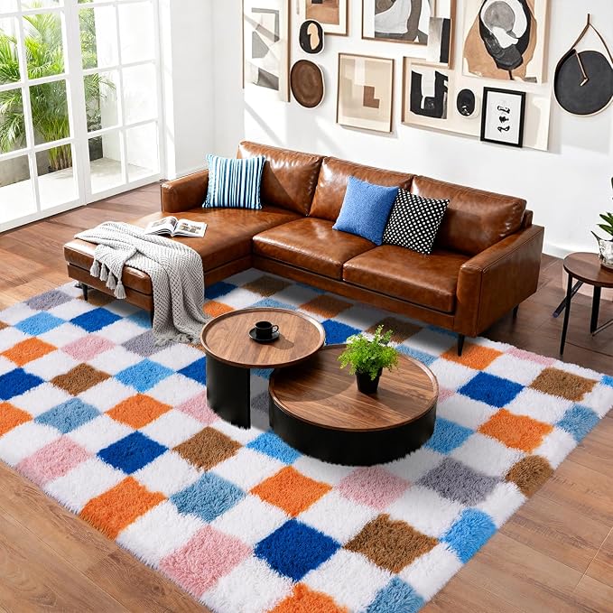 Pionblank 9x12 Area Rug, Large Fluffy Checkered Rugs for Living Room, Shag Rug for Bedroom, Soft Non Slip Shag Carpet for Kids Room Nursery Home Decor, Rainbow