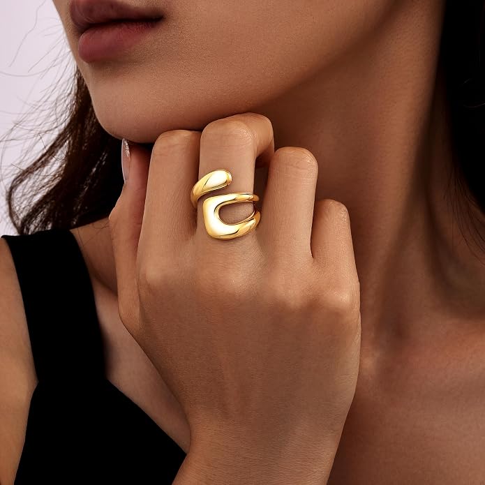 Gelbesty Waterproof Gold Statement Rings for Women, 14K Gold Plated Chunky Open Stackable Rings Non Tarnish Fashion Adjustable Stainless Steel Pinky Knuckle Signet Vintage Ring Jewelry Size 5-11