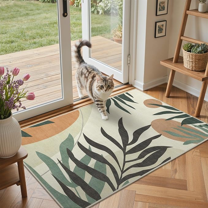 GENIMO 3x5 Outdoor Rug, Washable for Porch and Balcony, Beige Olive | Botanical leaf design for entryway; fade resistant chenille with quick-dry non-slip backing for indoor mudroom.