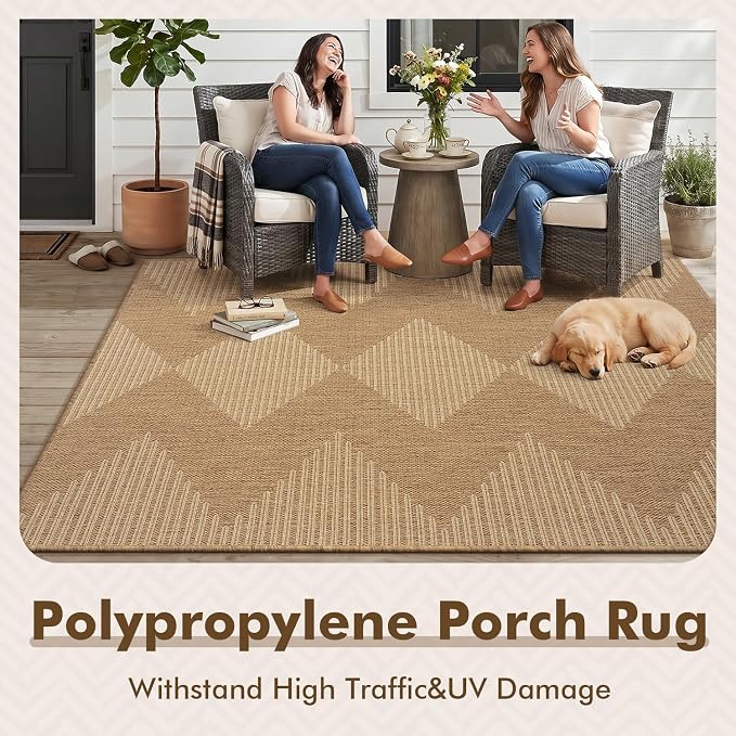 MontVoo-2x8 ft Indoor Outdoor Runner Rugs for Entryway Porch Hallway Kitchen Door Entrance Long, Textured Weave Polypropylene, Durable for High Traffic, Fade-Resistant, Boho Geometric Neutral Brown