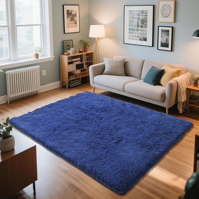 Blue Fluffy Rug Shag Area Rug, 5x8 Area Rugs for Girls Bedroom, Soft Play Mat, Indoor Floor Carpet for Teen, Preppy Dorm, Plush Aesthetic Bedside Rug
