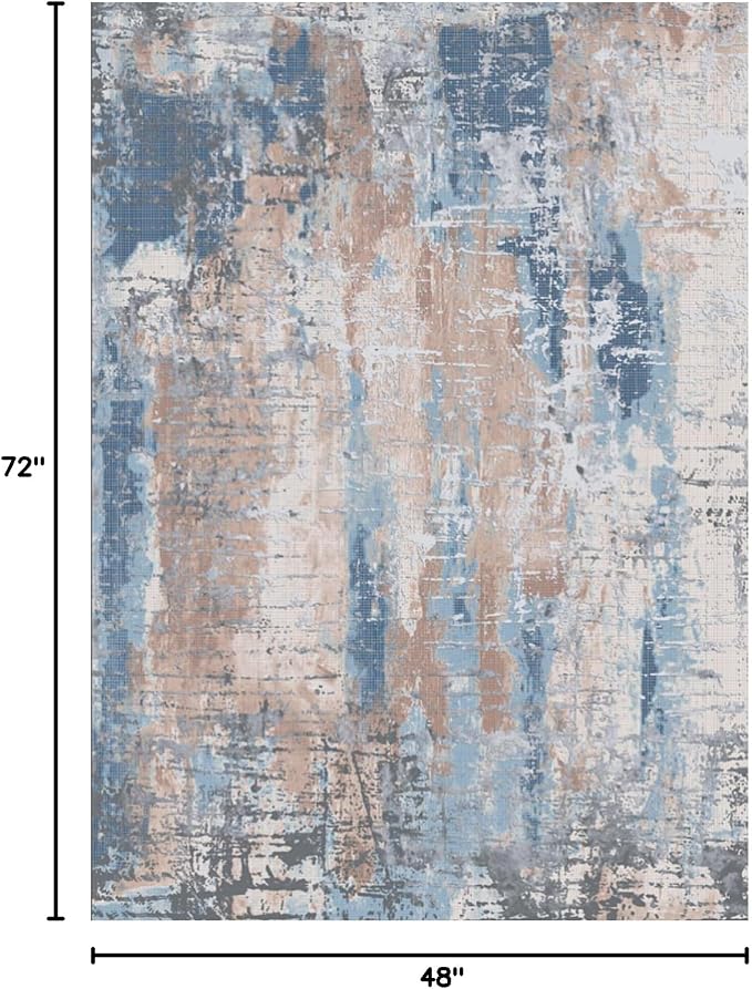 Area Rug Living Room Rug, 4x6 Modern Abstract Washable Rug Beige Blue Non Slip Foldable Faux Wool Vintage Carpet, Fluffy Non-Shedding Rugs for Living Room, Bedroom, Dining Room, Kids Playroom