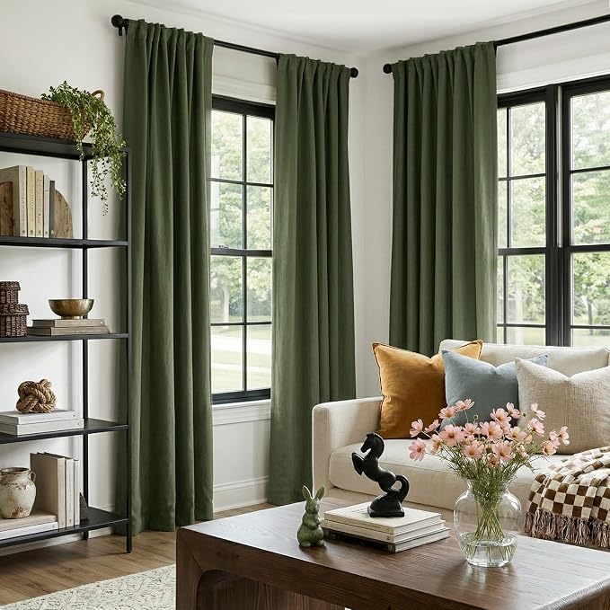 INOVADAY 100% Blackout Curtains for Bedroom, Olive Green Black Out Curtains 102 Inch Long, Clip Rings Linen Blackout Drapes, Thermal Insulated Room Darkening for Living Room, 2 Panels - W50xL102