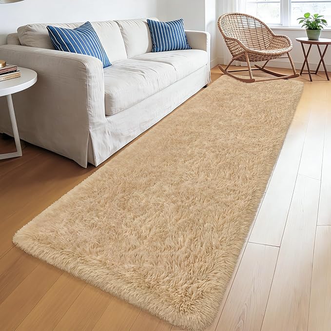2x8 ft Beige Runner Rugs for Bedroom Living Room, Soft Plush Fluffy Throw Rug Shag Runner Carpet for Hallways Non Slip, Washable Light Beige Rug Carpet for Nursery Kids Girls Room Home Decor