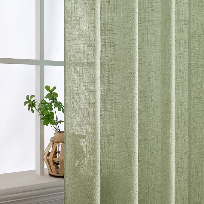 MIULEE Sage Green Linen Curtains 72 Inch Length for Bedroom Living Room, Soft Thick Linen Textured Window Drapes Semi Sheer Light Filtering Back Tab Rod Pocket Burlap Look Farmhouse Decor, 2 Panels