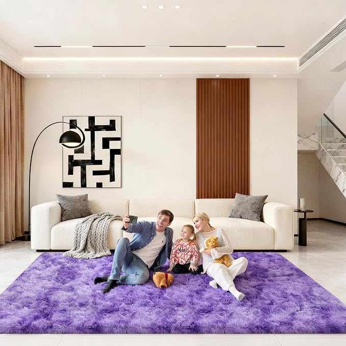 6x9 Area Rugs for Living Room, Large Fluffy Rugs for Bedroom, Fuzzy Shag Soft Non-Slip Carpet for Kids Girls and Boys Nursery Dorm Indoor Room Home Decor (6ft X 9ft, Tie-Dyed Purple)