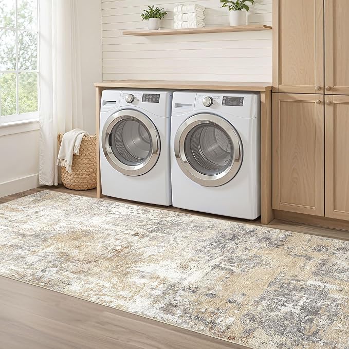 Runner Rug Kitchen Washable Rugs: 2x5 Non-Slip Abstract Soft Modern Stain Resistant Indoor Floor Neutral Accent Throw Carpet for Hallway Bathroom Laundry Room Entryway Bedroom- Gray Gold