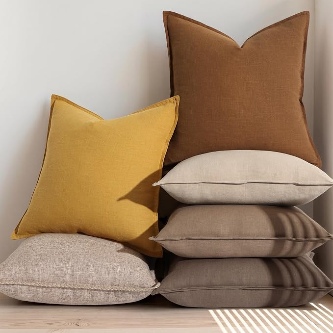 decorUhome Fall Brick Linen Throw Pillow Covers 20x20 Set of 2 | Decorative Soft Cozy Modern Farmhouse Boho Accent Pillow Cases with Flange Edges for Couch Bed Sofa Living Room Home Decor