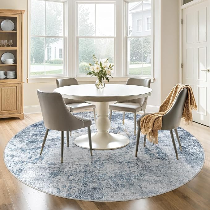 DMOYEST 8ft Round Area Rug for Living Room - 8x8 Washable & Non Slip Circle Rug, Kid & Pet Friendly Soft Low Pile Abstract Carpet for Bedroom and Dining Room - Blue