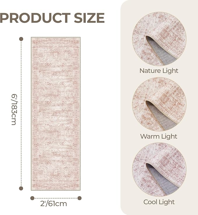 2x6 Runner Rug Non Slip,Washable Hallway Runner Rug,Pink | Neutral Rugs for Kitchen,Entryway,Bedroom,Bathroom,Nursery Room,Thin,Soft Runner Rug,Stain Resistant Indoor Carpet