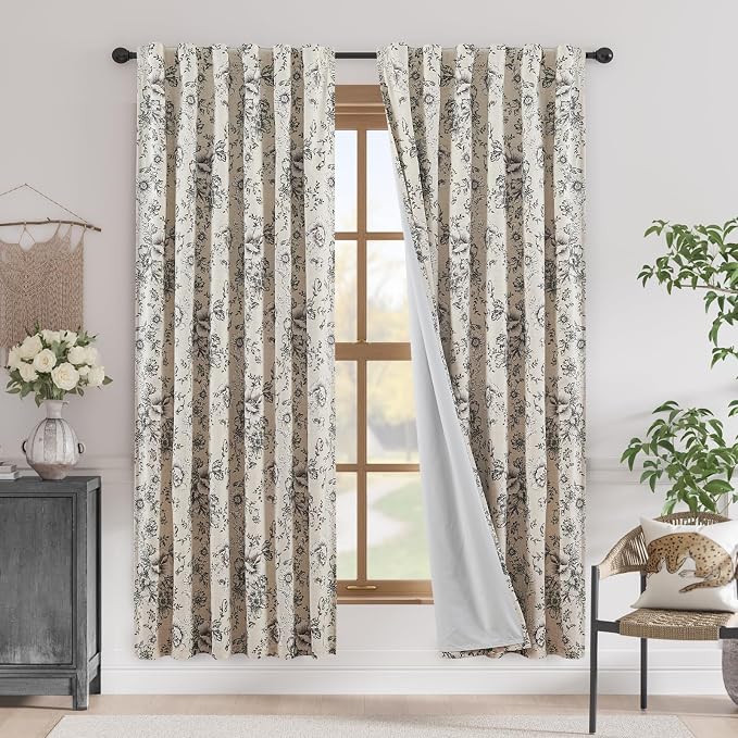jinchan Black Floral Linen Blackout Curtains 72 Inch Back Tab 2 Panels | Blackout lining, room darkening drapes, farmhouse, vintage, cottagecore, rustic, bedroom, living room, window treatment