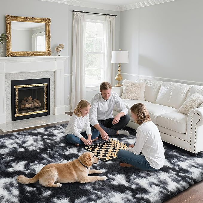 yongyangjuxin Fluffy Rug Shag Area Rug, Mottling Black 8x10 Area Rugs for Living Room, Large Shag Area Rugs for Bedroom Room Home Decor, Upgrade Anti-Skid Rectangular Fuzzy Rugs