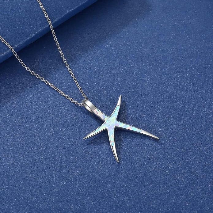 Cuoka Starfish Necklace, 925 Sterling Silver with Opal, Hawaiian Beach Nautical Ocean Pendant, Starfish Jewelry Opal Jewelry Valentine for Women Girlfriend