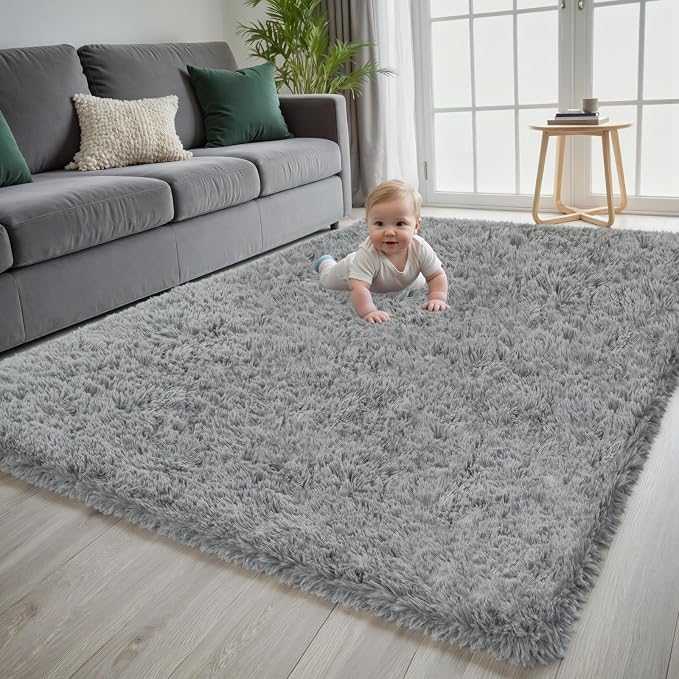 5x7 Area Rug for Living Room, Ultra Soft Fluffy Shag Rugs for Bedroom, Non-Slip Large Fuzzy Plush Rug Indoor Floor Carpet for Nursery Kids Office Dorm Modern Decor, Light Gray