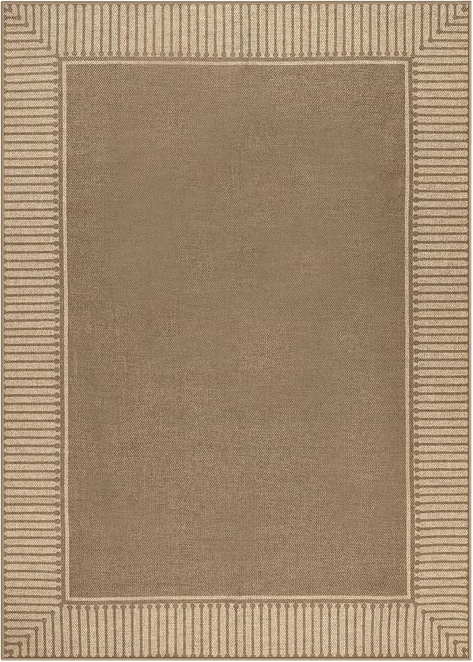 Moynesa Brown Striped Border Easy Jute Outdoor Indoor 5x7 Area Rugs for Living Room, Washable Non Slip Rug for Backyard Patio Balcony Dining Room Bedroom, Farmhouse Carpet for Fall Winter Decor