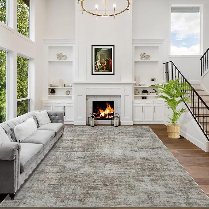 10x14 Area Rugs Washable Rug: Modern Abstract Living Room Rug Soft Anti-Skid Thin Carpet Indoor Floor Non-Shedding Carpets for Bedroom Dining Room Farmhouse Nursery Home Office Brown Black