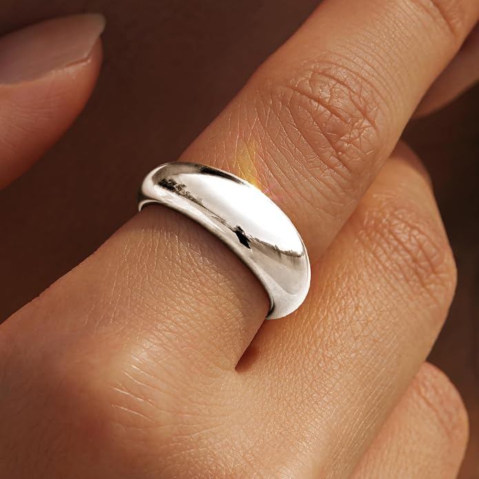 Non Tarnish Gold Chunky Rings for Women, 14K Gold Plated Statement Dome Rings Stacking Silver, Adjustable Mens Eternity Wedding Band Mixed Metal Jewelry Size 3-13