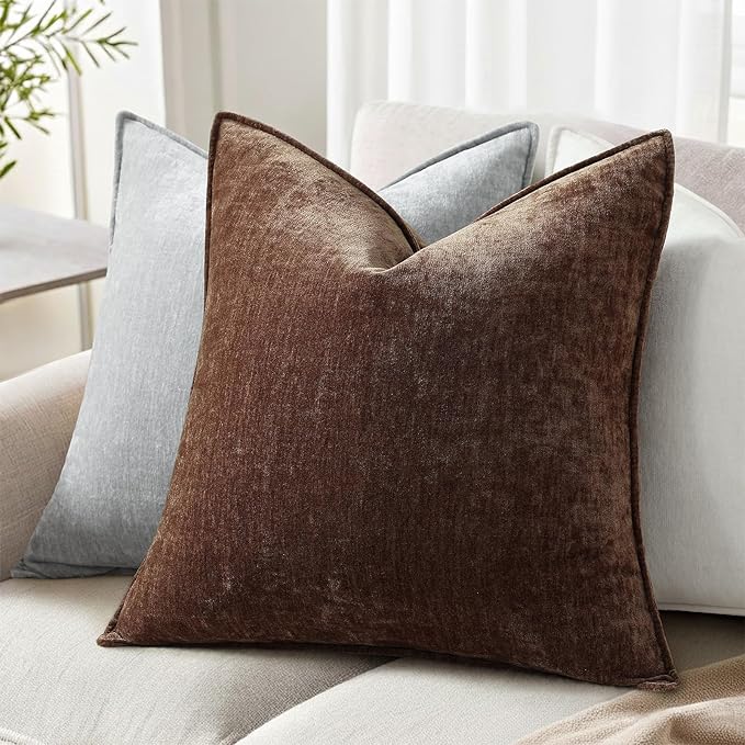 decorUhome Chenille Dark Brown Velvet Throw Pillow Covers 22x22 Set of 2 | Fall Soft Euro Sham Couch Decorative Modern Farmhouse Pillow Cases with Elegant Design for Sofa Bed Living Room Home Decor