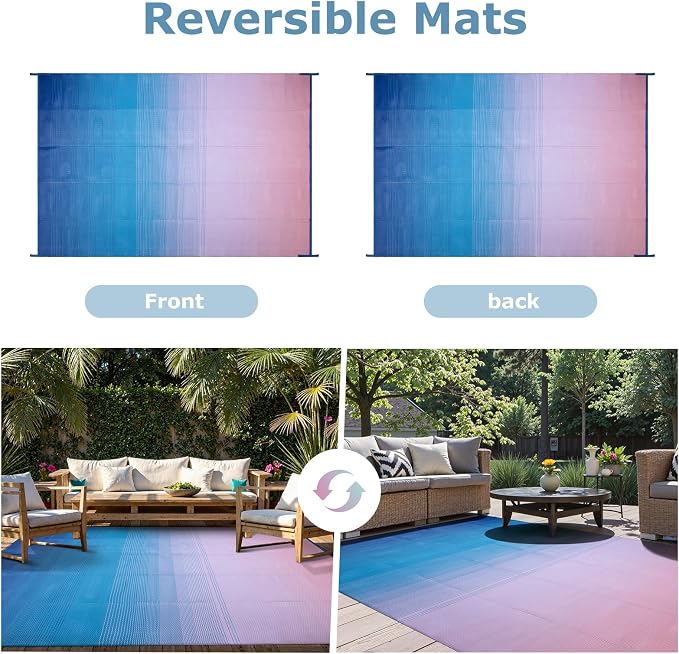 Lahome Outdoor Area Rugs 8x10 Waterproof, Large Reversible Plastic Straw Camping Rug for Patio, Lightweight Portable Outdoor Carpet for Backyard Garden Balcony, Blue Pink 8'x10'