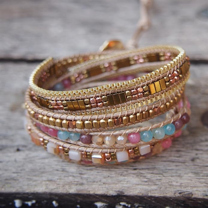 Plumiss Women Boho Handmade Natural Stone Crystal Leather Bead Wrap Bracelets Collection