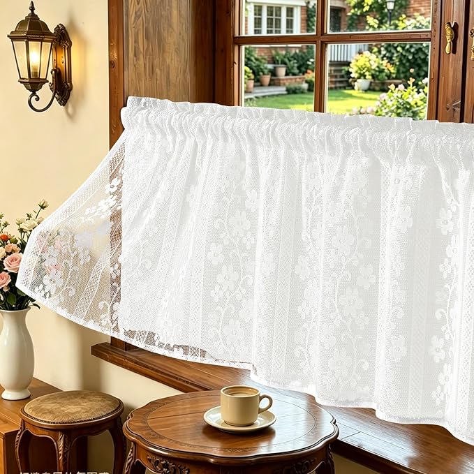 ASPMIZ Linen Valances for Windows Double Layer Valance Curtains with Lace Overlay, White Kitchen Curtains Light Filtering, Rod Pocket Window Valances for Living Room, Kitchen, Cafe, Bathroom, 52x18