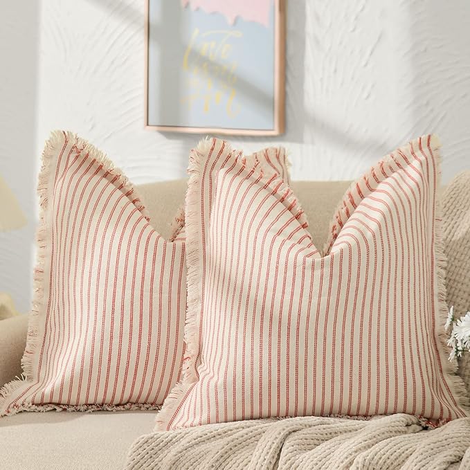 ZWJD Red Throw Pillow Covers 18x18 Set of 2 Striped Pillow Covers with Fringe Chic Cotton Decorative Pillows Square Cushion Covers for Sofa Couch Bed Living Room Farmhouse Decor