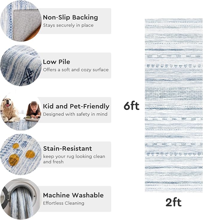 2x10 Runner Rug Machine Washable Non Slip Area Rug Distressed Neutral Moroccan Boho Rug Ultra Soft Floor Runners for Hallways for Entryway Laundry Room Kitchen, Blue