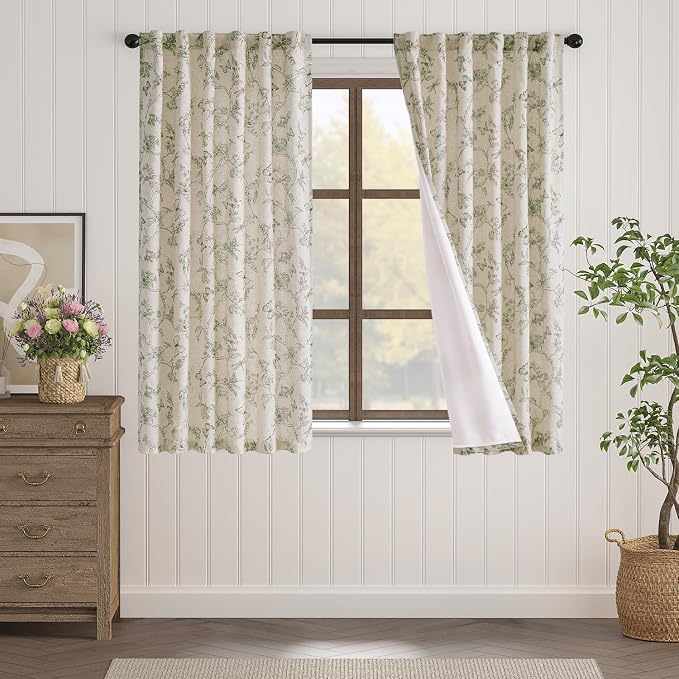 Lazzzy Charlotte Lined Linen Farmhouse Green Floral Curtains 63 Inch Length Back Tab Drapes for Living Room Bedroom Light Filtering Country Vintage Rod Pocket, 2 Panels, Green on Beige