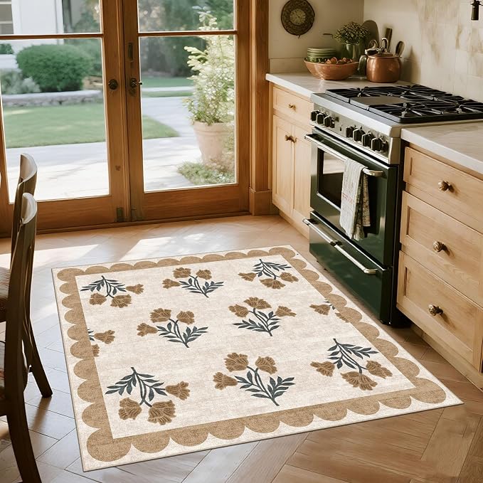 Beige Square Rug 4ft - Soft Washable Boho Farmhouse Square Entryway Rug Non Slip 4x4 Stain Resistant Cottage Floral Scalloped Throw Rugs for Living Room Bedroom Dining Room Bathroom Nursery