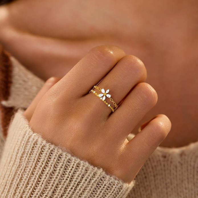 LOVECOM 925 Sterling Silver Butterfly Daisy Flower Rings for Women Mothers Self Love Ring for Myself Adjustable Gold Layered Colorful Opal Cubic Zirconia Stackable Ring Jewelry Gifts to Daughter