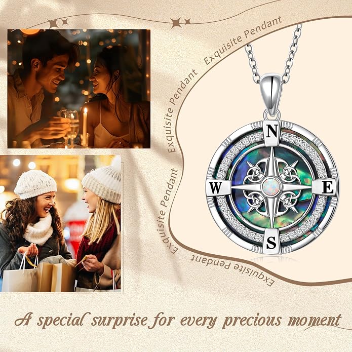 925 Sterling Silver Compass Moonstone Pendant Necklace Celtic Knot Abalone Shell Necklace Jewelry Gift for Women